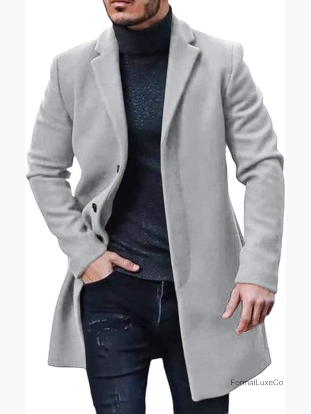 Men's Trench Coat Slim Fit Notched Collar Single Breasted Pea Coat Overcoat